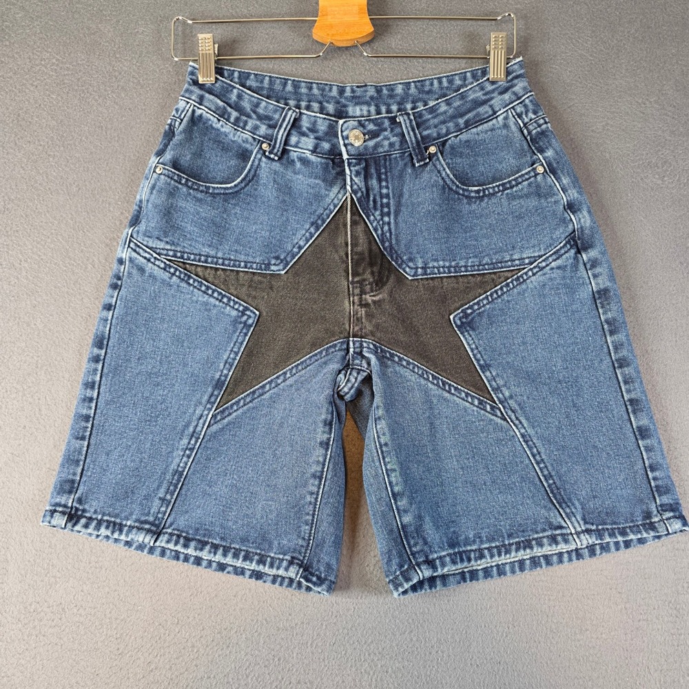 Romwe Denim Shorts Women M Sz 6 Blue Black Star Patchwork Y2K Skater Grunge Punk